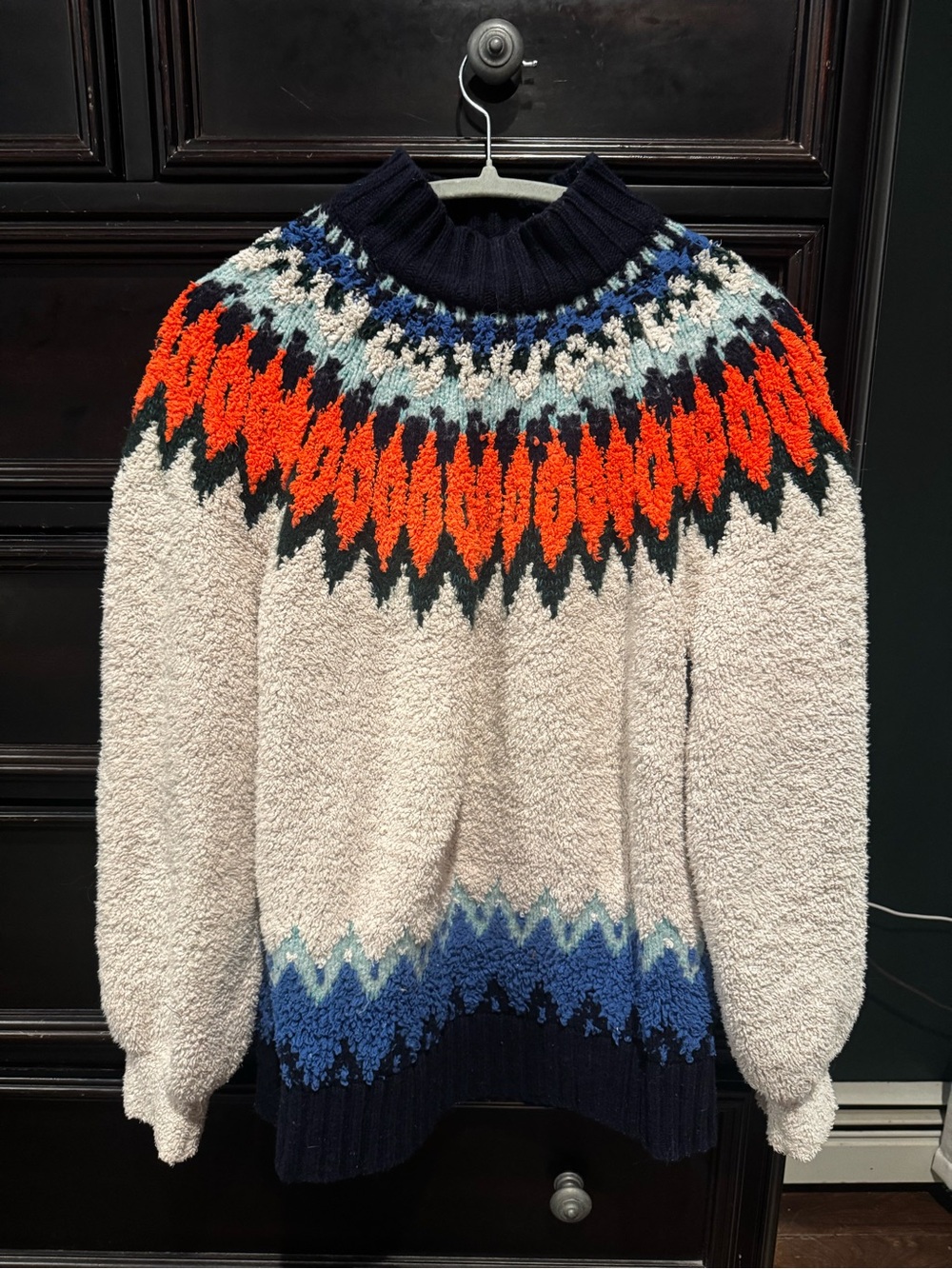 Anthropologie Cream Sweater with Orange & Navy Fair Isle Yoke